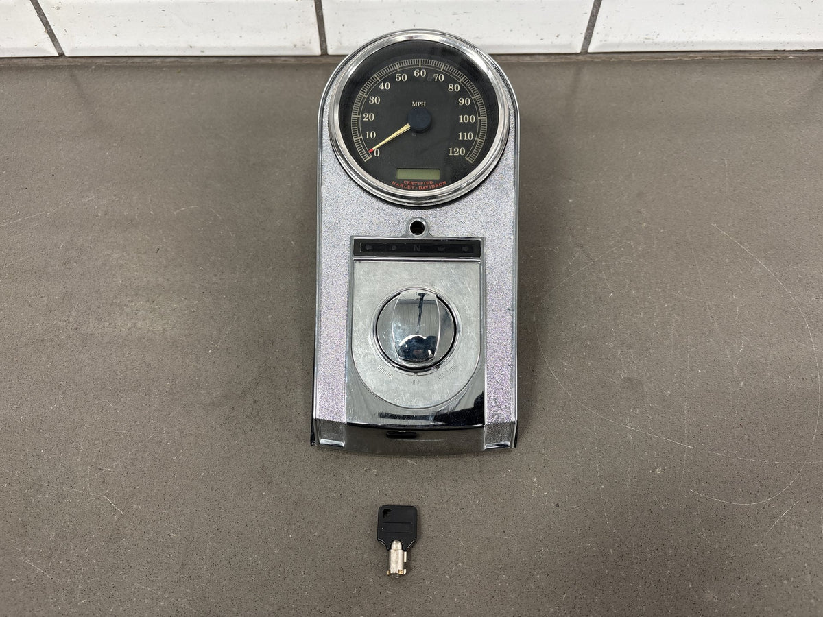 00-06 Harley Heritage Softail Tank Console Speedometer Keys Chrome OEM 71250-00A